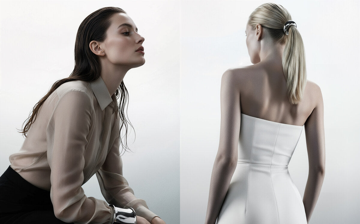 A sheer collared shirt and a structured white dress shown from behind, highlighting fabric and garment construction